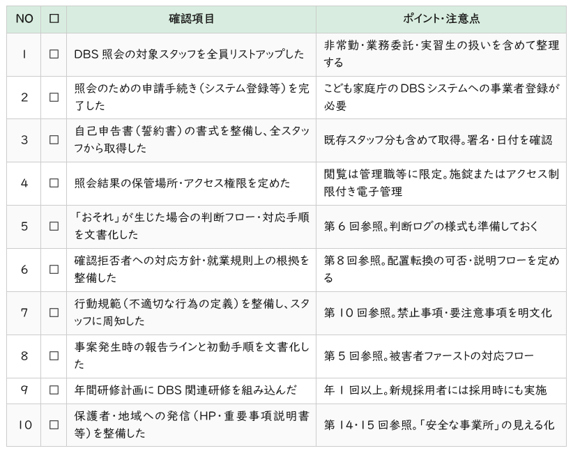 DBS実務対応チェックリスト